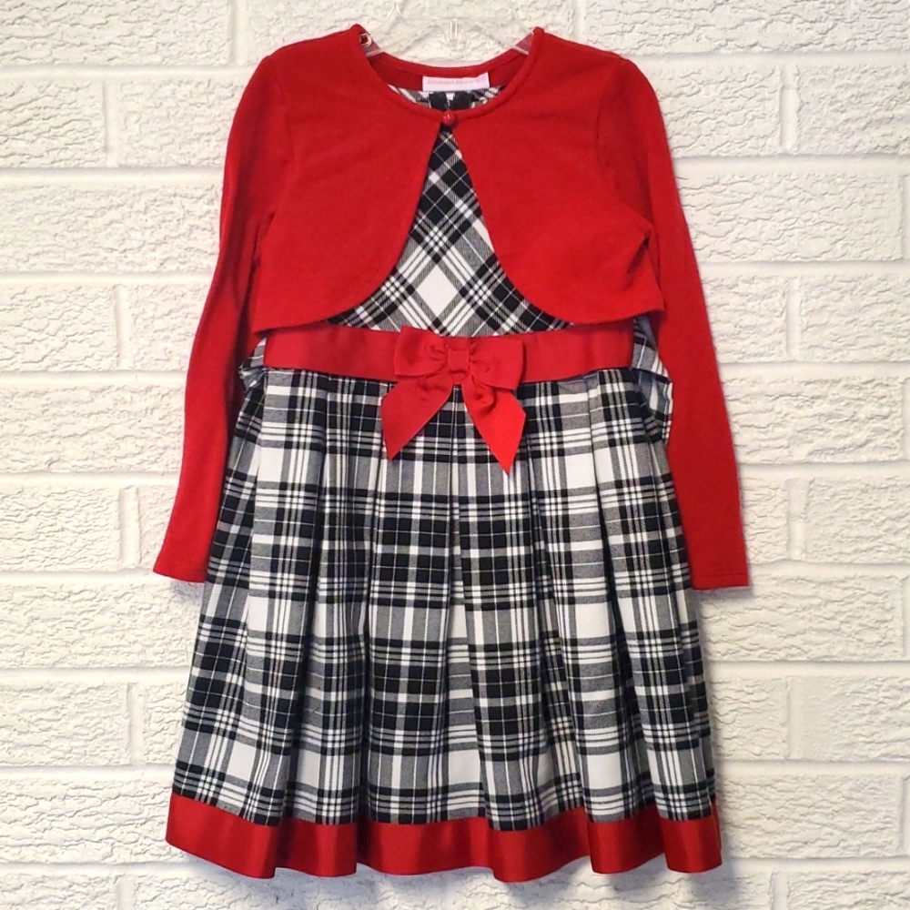 Bonnie Jean black and white plaid dress with red bow and cardigan